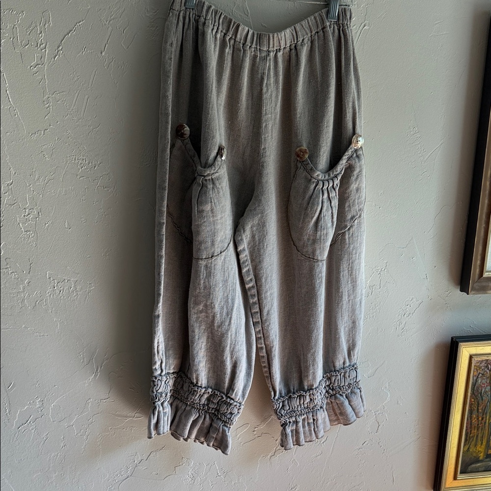 Hearts Desire by Mary Tan/grey Linen Pants with Ruffle Hem. Size medium